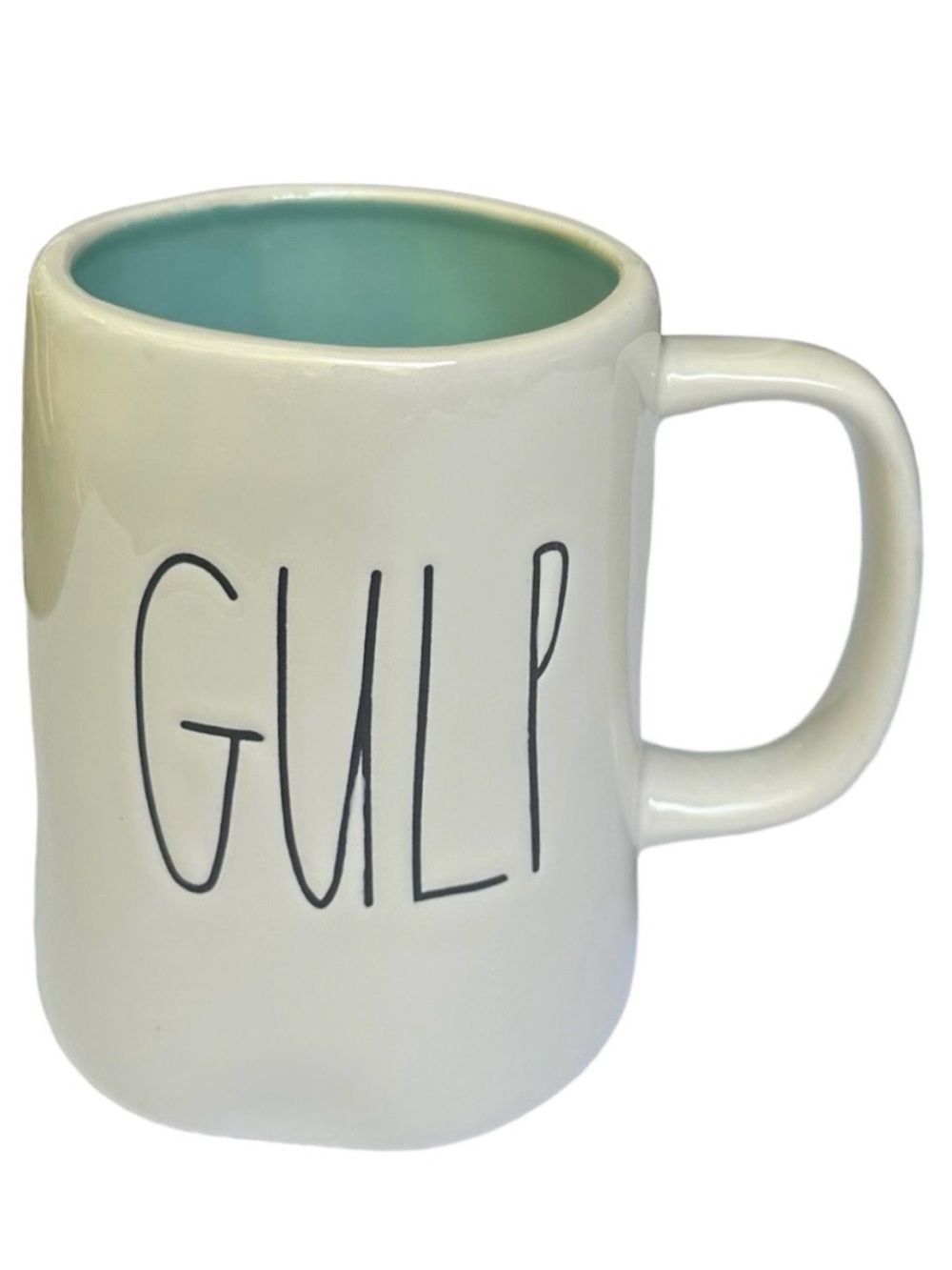Rae Dunn GULP Mug White Teal Interior Black Large Letter Dimples NWT 2017 OG